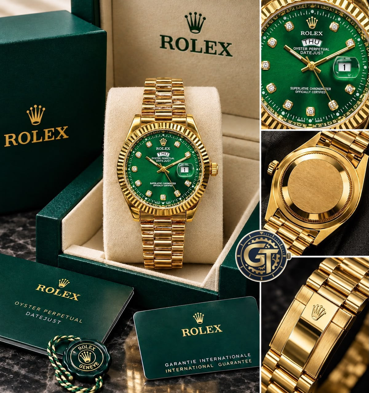 Rolex Oyster Perpetual Quartz Day-Date Watch - Green Dial/Gold Strap RLX-2542