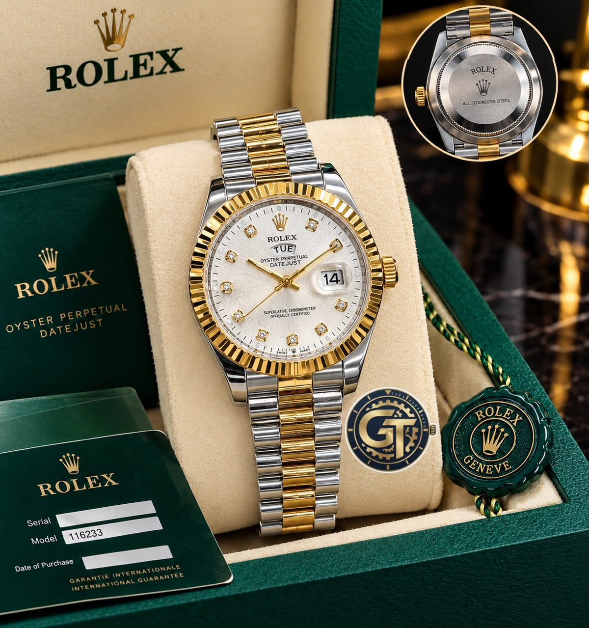 Rolex Oyster Perpetual Quartz Day-Date Watch - White Dial/Gold and Silver Strap RLX-2541