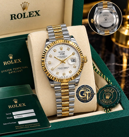 Rolex Oyster Perpetual Quartz Day-Date Watch - White Dial/Gold and Silver Strap RLX-2541