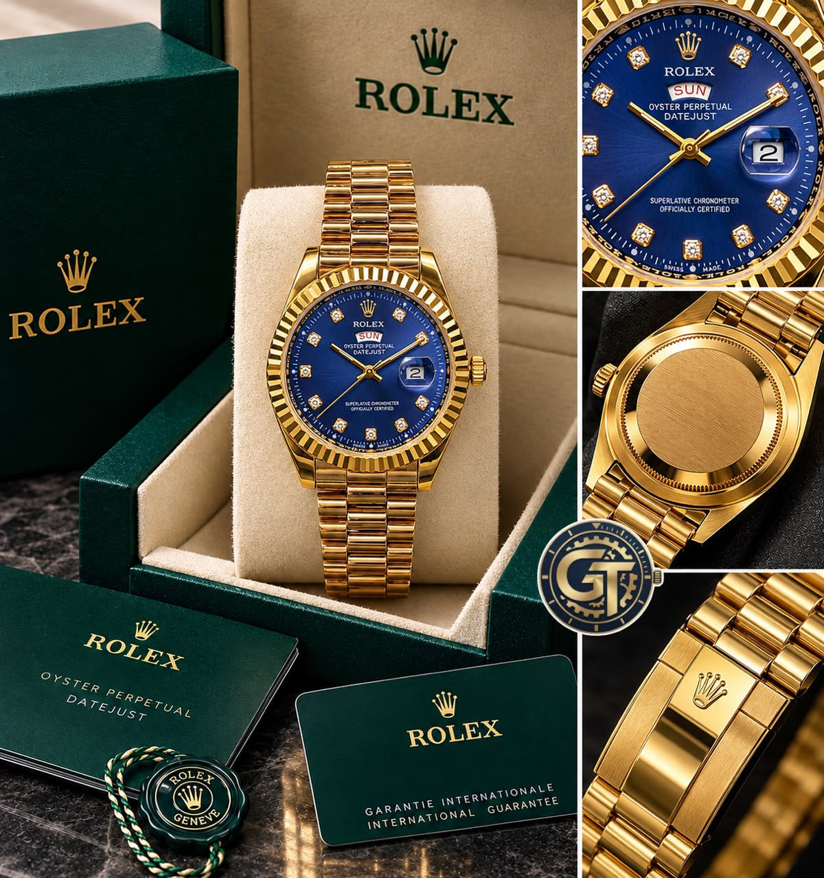 Rolex Day-Date Gold-Toned Blue Dial Watch with Diamond-style hour markers-RLX-2546