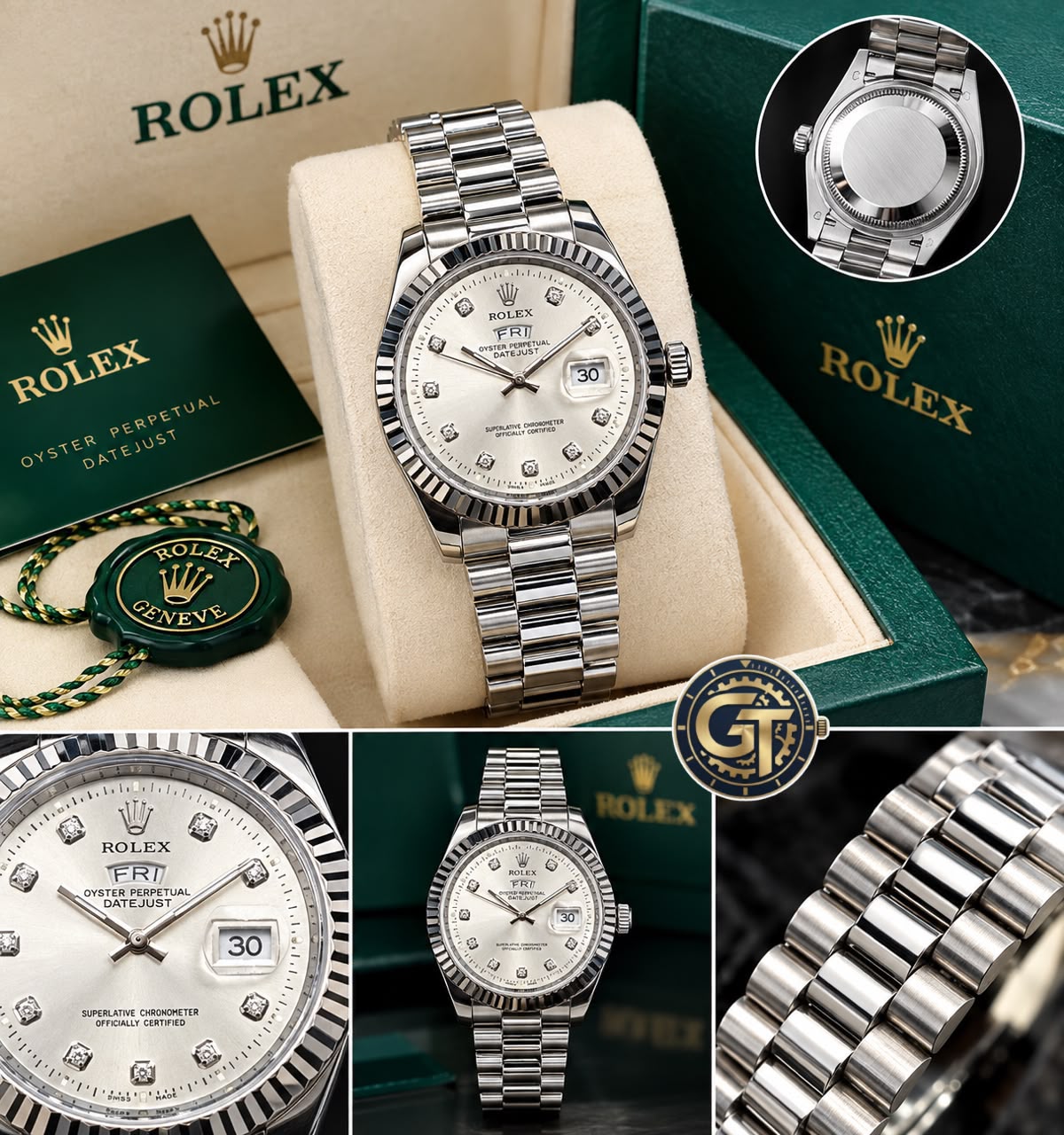 Rolex Day-Date Silver-Toned Black Dial Watch with Diamond-style hour markers-RLX-2545