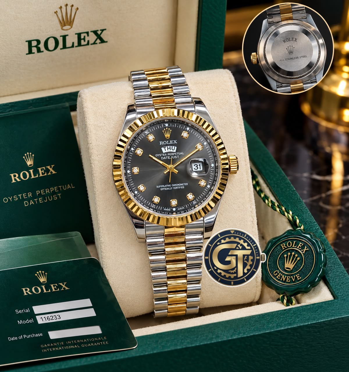 Rolex Day-Date Multi-Toned Black Dial Watch with Diamond-style hour markers-RLX-2549