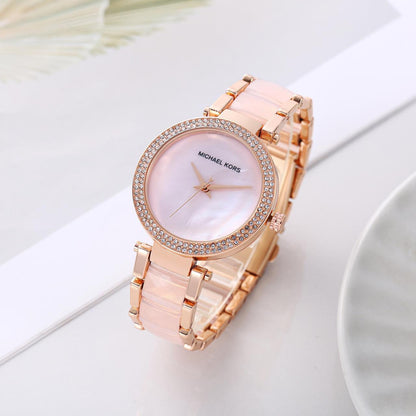 Michael Kors Parker Two-Tone Strap Chronograph Women's Watch Rose Gold Dial Diamond Case MK-0130