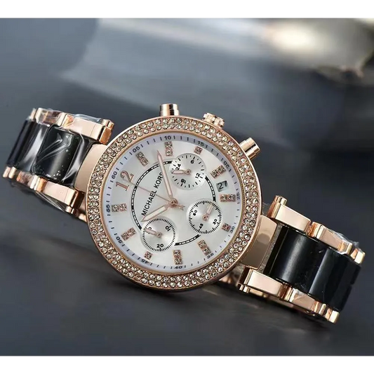 Michael Kors Two-Tone Strap Chronograph Women's  Watch White Dial Diamond Case MK-0123