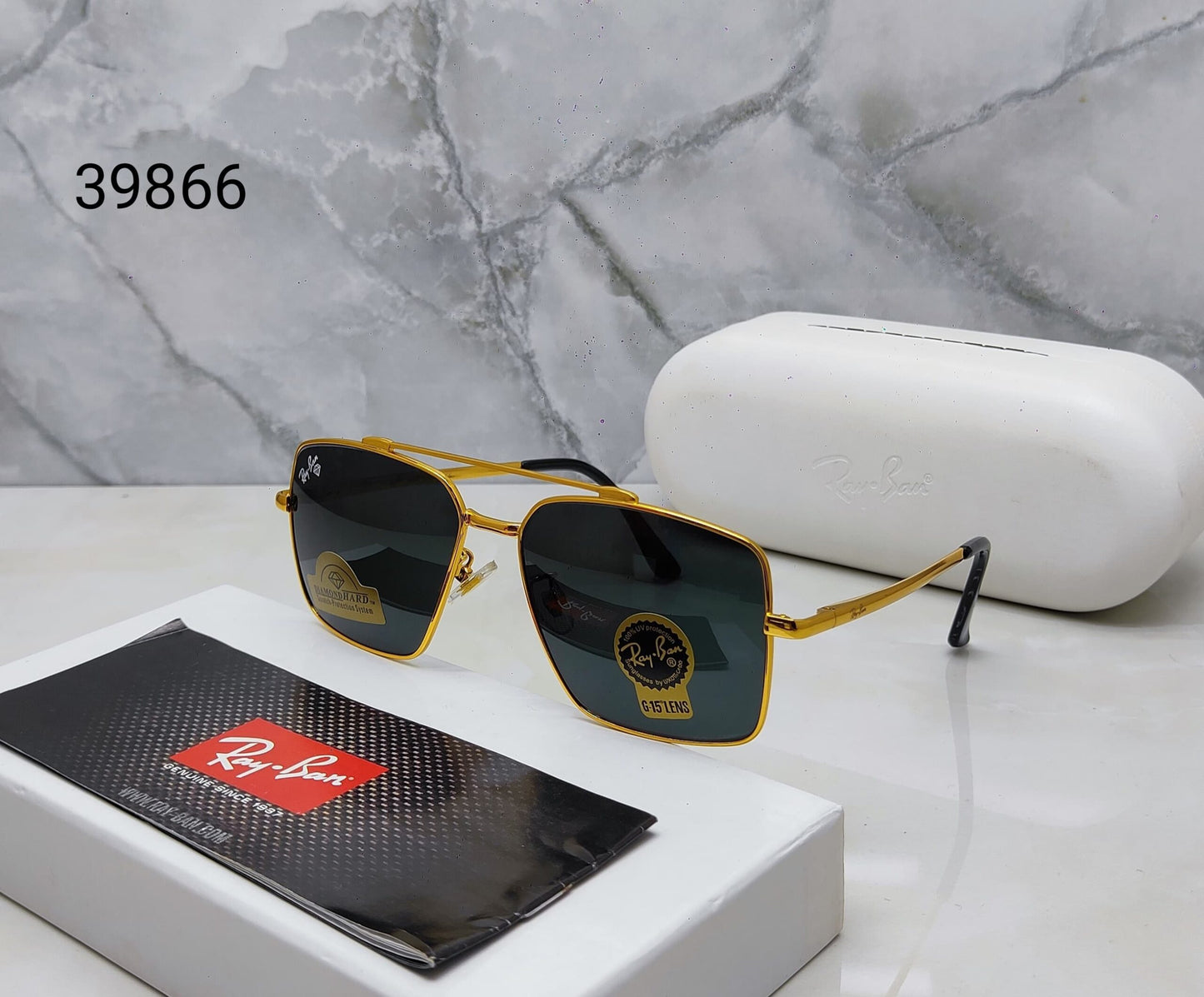 RayBan Retro Black Glass And Golden Frame Sunglasses Unisex Sunglass For Men's Women and Girl's -RB-39870