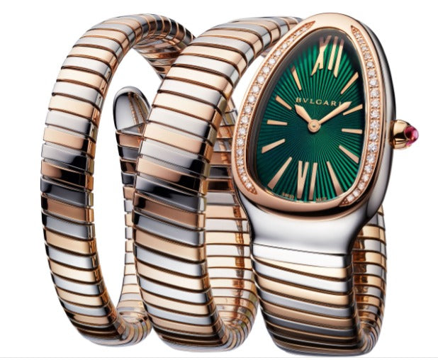 Bvlgari Serpenti Tubogas Analog Watch With Rose Gold? And Silver Color Stainless Steel Case & Strap Watch With Green Opaline Dial Designer Bracelet Strap Double Spiral Watch For Girl Or Woman-Best Gift Date Watch- BV-102791