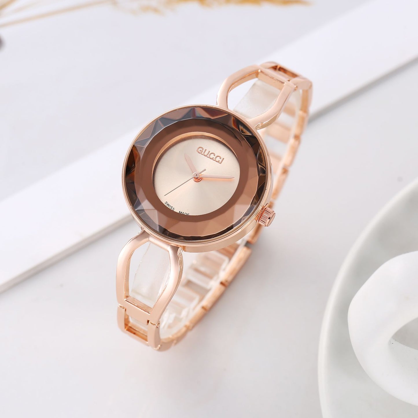 Gucci Rose Gold Color Watch With Rose Gold Dial With Brown Shade Color Crystal Case Watch For Woman Or Girl Gold Strap Watch GC-6542