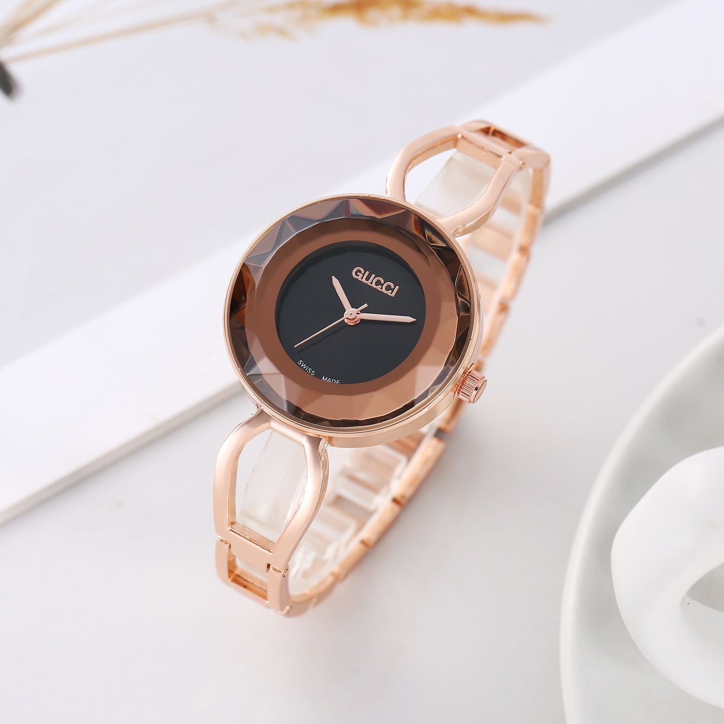 Gucci Rose Gold Color Watch With Black Dial With Brown Shade Color Crystal Case Watch For Woman Or Girl Gold Strap Watch GC-6543