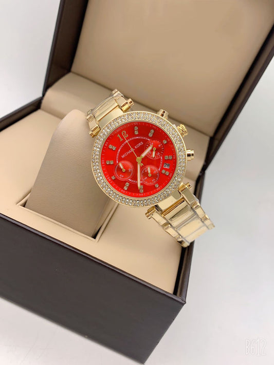 Michael Kors Chronogragh watch With Golden Color Metal Case & Gold And Gold Strap & Red Dial Watch For Women's Design Golen Dial For Girl Or Woman Best Gift Date Watch- MK-4521