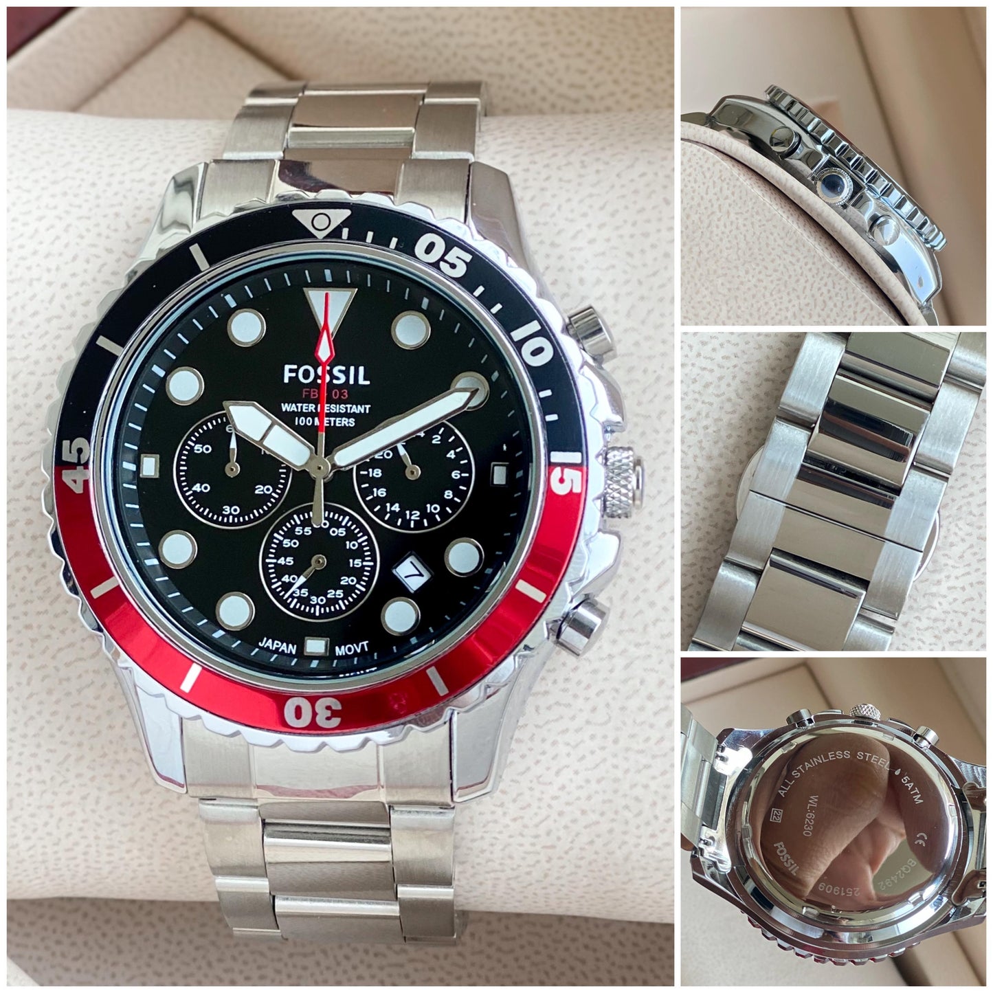 Fossil Analog Dual-Color Black Red Dial & Silver Strap Men's Watch FS-2543