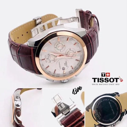 Tissot TS_384L Chronograph Brown Leather Mens Watch for Man White Date Display Best Gift for Man