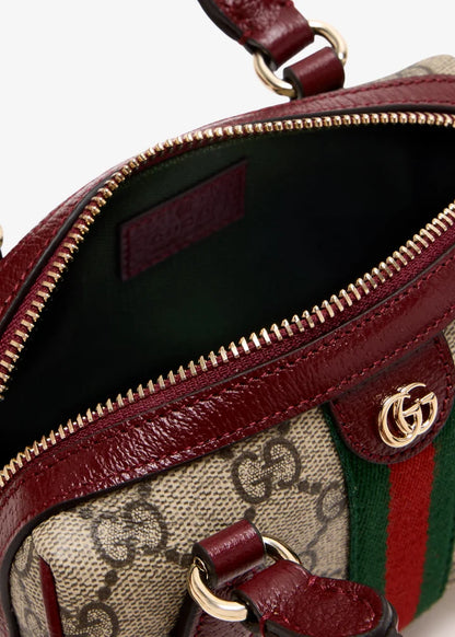 Gucci Brown Ophidia Mini Boston bag featuring the iconic GG Supreme canvas and Web stripe GC-4439-WBG