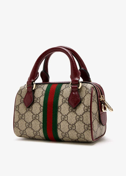 Gucci Brown Ophidia Mini Boston bag featuring the iconic GG Supreme canvas and Web stripe GC-4439-WBG