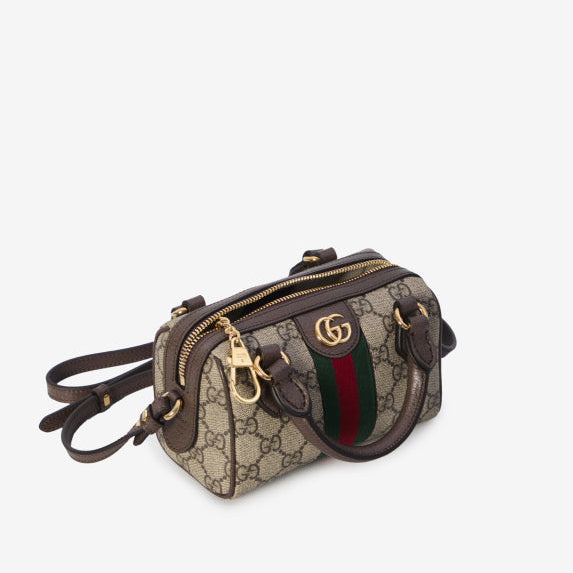 Gucci Brown Ophidia Mini Boston bag featuring the iconic GG Supreme canvas and Web stripe GC-4439-WBG