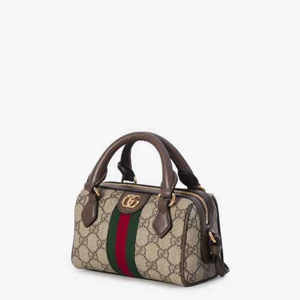 Gucci Brown Ophidia Mini Boston bag featuring the iconic GG Supreme canvas and Web stripe GC-4439-WBG