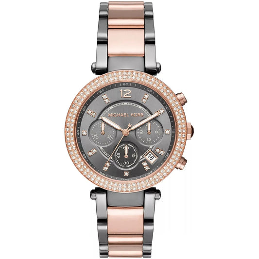 Michael Kors Two-Tone Strap Chronograph Women's Watch Black Dial Diamond Case MK-0125
