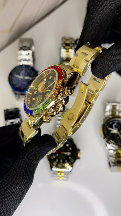 Multi Color Chronograph Men's Watch With Dual Tone Stainless Steel Strap & Diamond Case, Rainbow Color