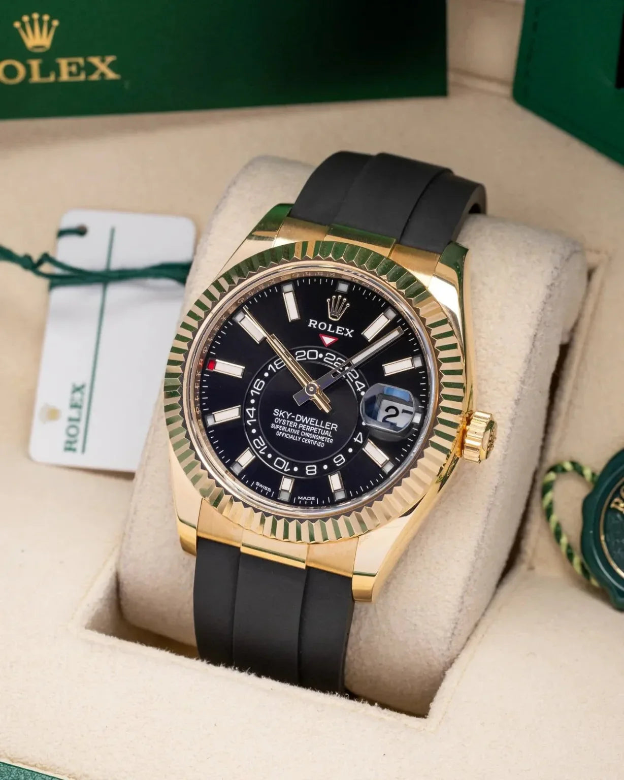 RLX Sky-Dweller Oysterflex Yellow Gold Color Black Strap Chronograph Men's Watch, Quartz Movement RLX-1238