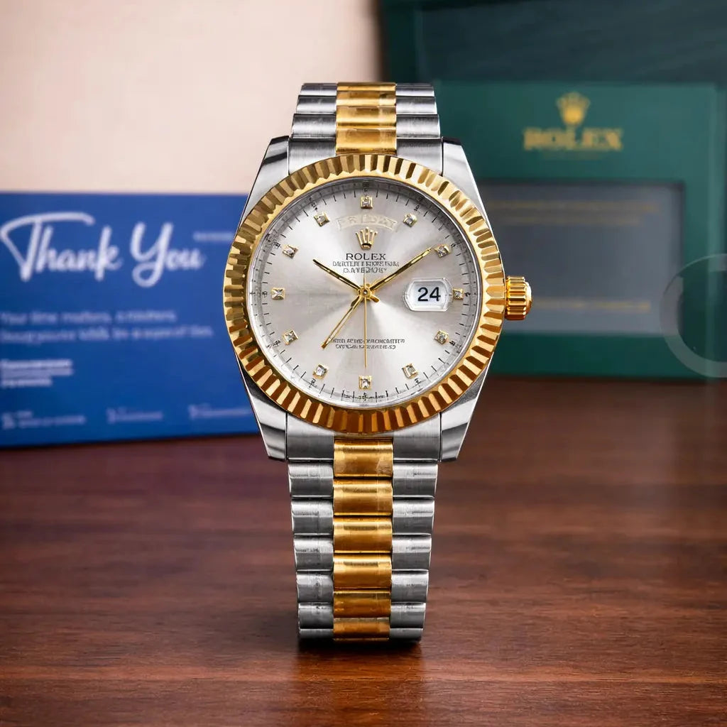 Rolex Oyster Perpetual Quartz Day-Date Watch - White Dial/Gold and Silver Strap RLX-2541