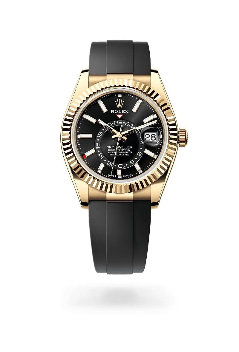 RLX Sky-Dweller Oysterflex Yellow Gold Color Black Strap Chronograph Men's Watch, Quartz Movement RLX-1238