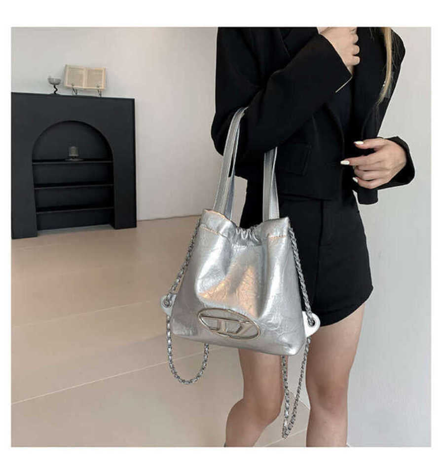 Diesel Oval D Drawstring Nylon Silver Shopper Bag DZ-4471-WBG