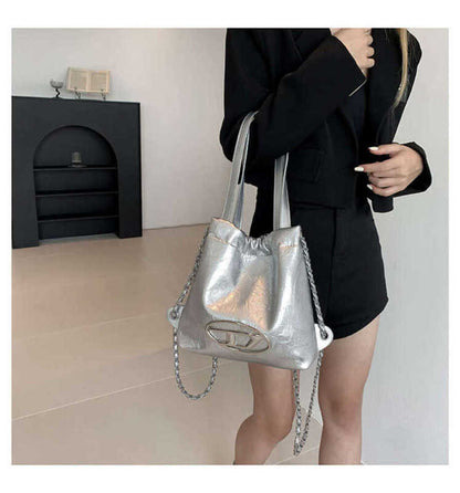Diesel Oval D Drawstring Nylon Silver Shopper Bag DZ-4471-WBG