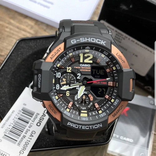 Casio G-Shock Analog Rose Gold RAVITYMASTER Twin Sensor World Time Digital Men Black Analogue and Digital watch With Metal Case Watch For Man Day And Date Gift Watch GA-1100RG-1ADR