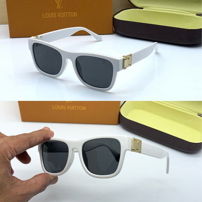 Louis Vuitton Branded Black Glass Men's and Women's Sunglass for Man and Woman or Girls LV-91 White Bold Frame & White Stick- Unisex Gift Sunglass