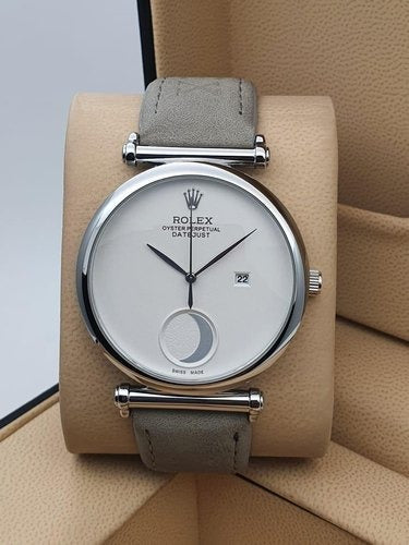 Rolex Grey Leather Men's Watch For Men Casual New Trending style Watch Rlx-2-10 White Dial Silver Case Best Gift Watch