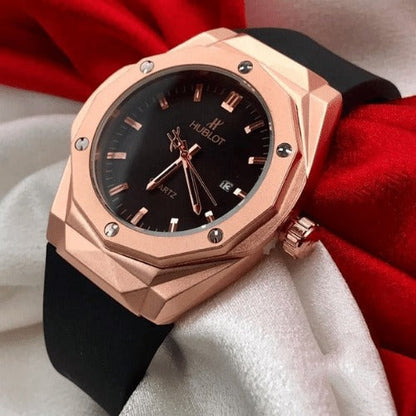 Hublot Latest Collection Rose Gold Analog Watch For Men's With Black Dial Leather Belt Watch HB-RGB-4564