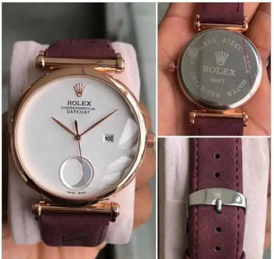 Rolex Maroon Leather Watch For Men's Casual New Trending style Watch White Dial With Gold Metal Case Best Gift Watch Rolex Maroon Leather Watch For Men's Casual New Trending style Watch White Dial With Gold Metal Case Best Gift Watch RLX-2-22