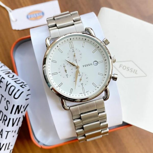 Fossil Silver Stainless Steel Strap Watch For Mens FS-S-WHITE Design White Dial For Man Best Gift Date Watch