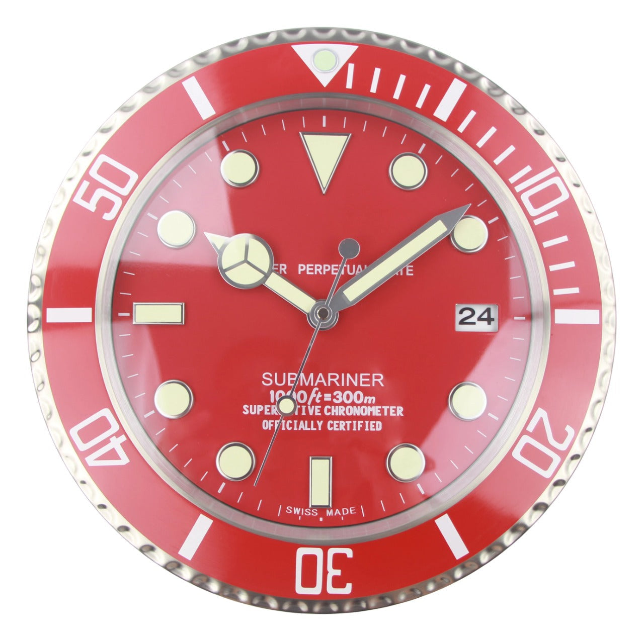 Rolex Wall Clock Quartz Analog Dated Design Metal Art Wall Clock Luminous Function Gold Case & Red Dial Metal Home Decor Wall Clocks Inspired By Submariner II Dated Wall decording Clock- Classy Look Clock For Home D cor Wall RLX-WC-802