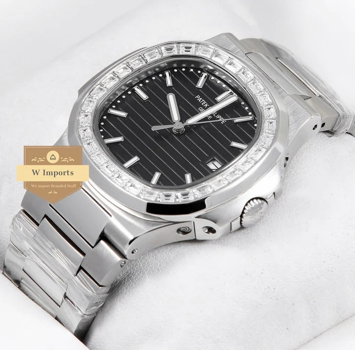 Patek Philippe Nautilus Diamond Bezel Black Dial Silver Strap Mad Watch Quartz Movement Dated Watch For Men's-Best Men's Collection PK-2139