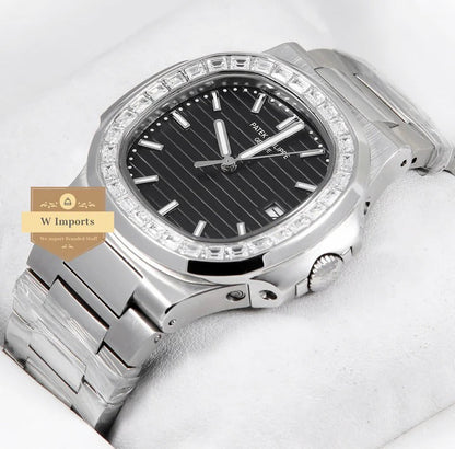 Patek Philippe Nautilus Diamond Bezel Black Dial Silver Strap Mad Watch Quartz Movement Dated Watch For Men's-Best Men's Collection PK-2139