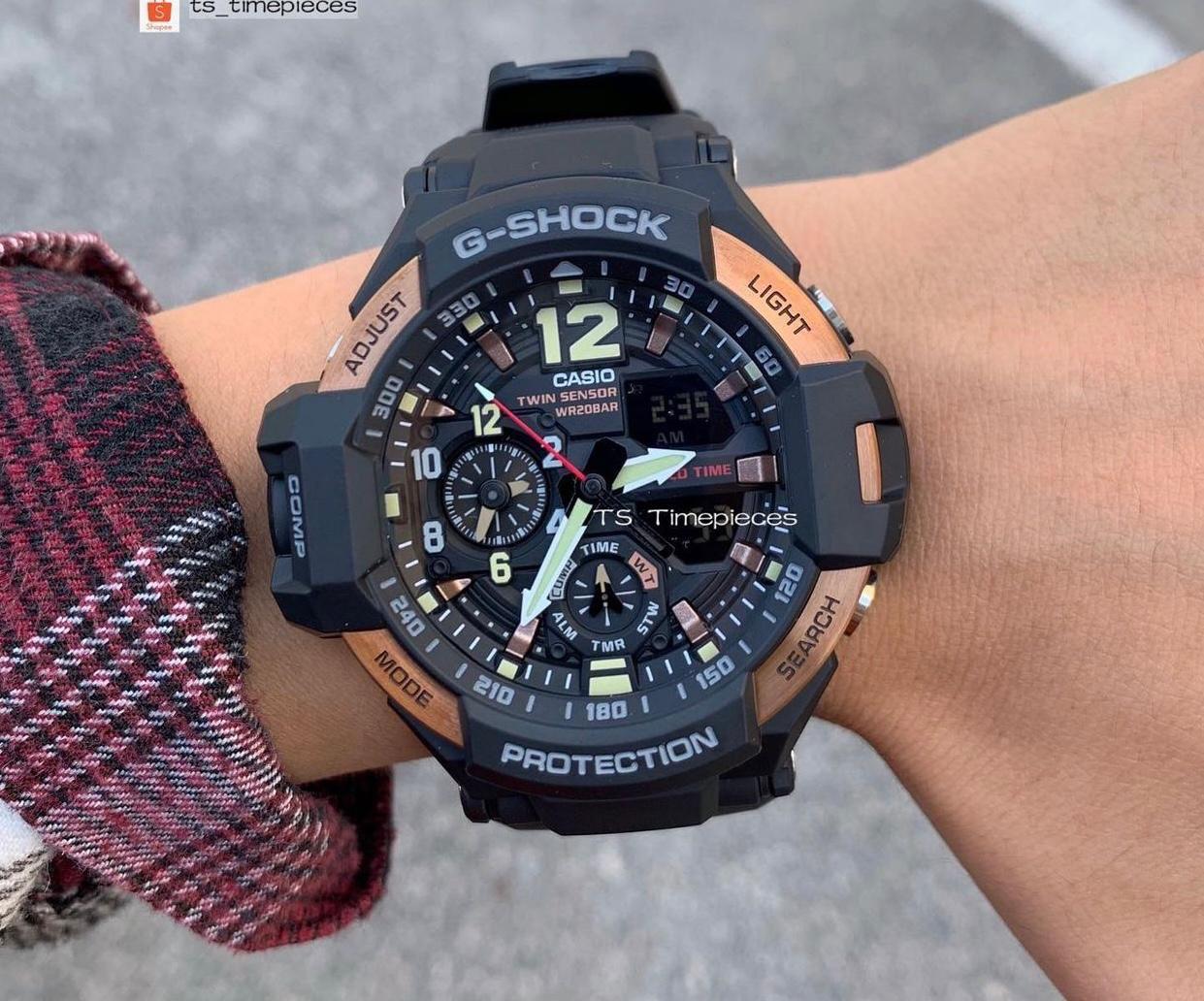 Casio G-Shock Analog Rose Gold RAVITYMASTER Twin Sensor World Time Digital Men Black Analogue and Digital watch With Metal Case Watch For Man Day And Date Gift Watch GA-1100RG-1ADR