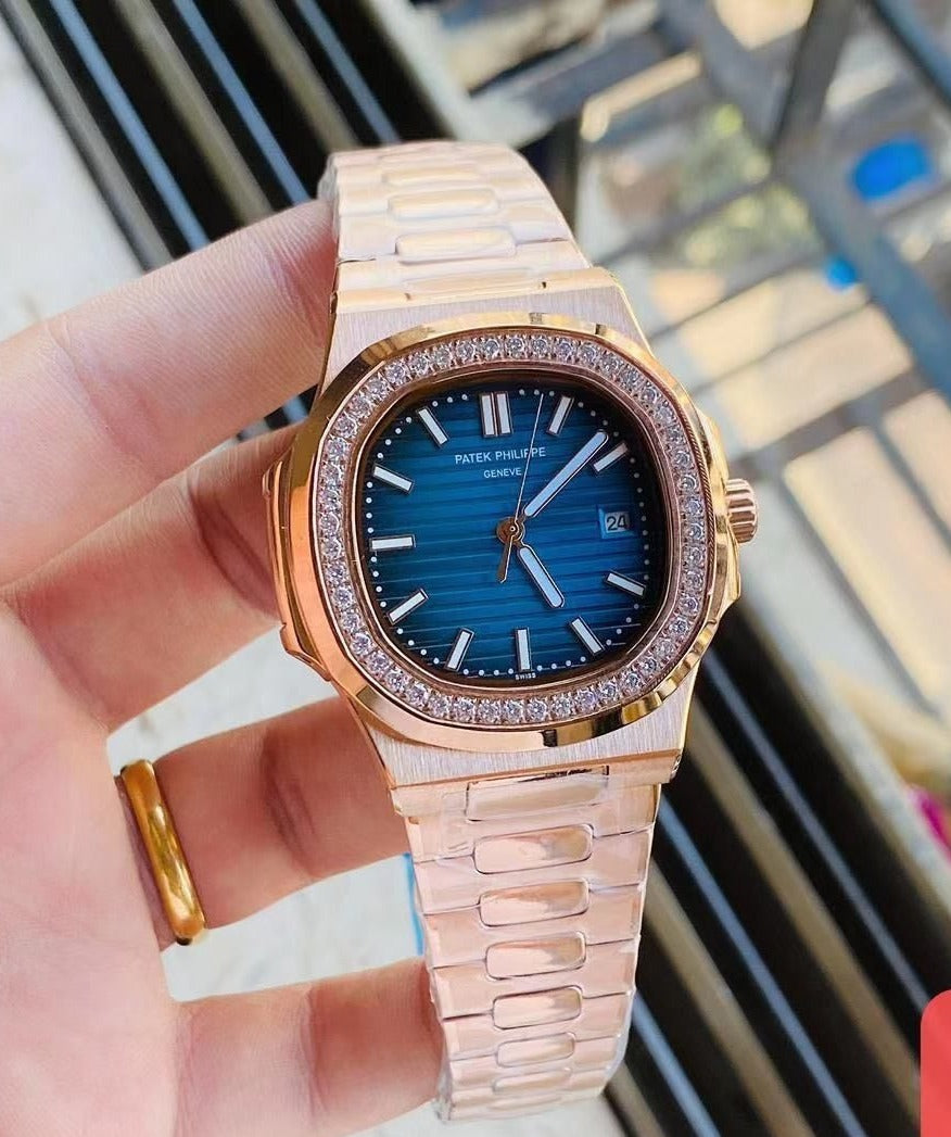 Patek Philippe Nautilus Diamond Bezel Blue Dial Rose Gold Strap Mad Watch Quartz Movement Dated Watch For Men's-Best Men's Collection PK-2133