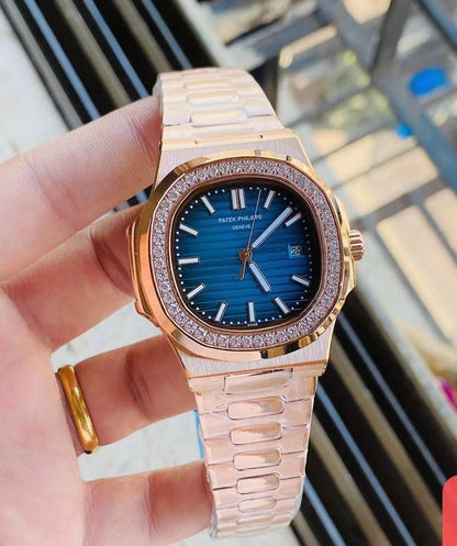 Patek Philippe Nautilus Diamond Bezel Blue Dial Rose Gold Strap Mad Watch Quartz Movement Dated Watch For Men's-Best Men's Collection PK-2133