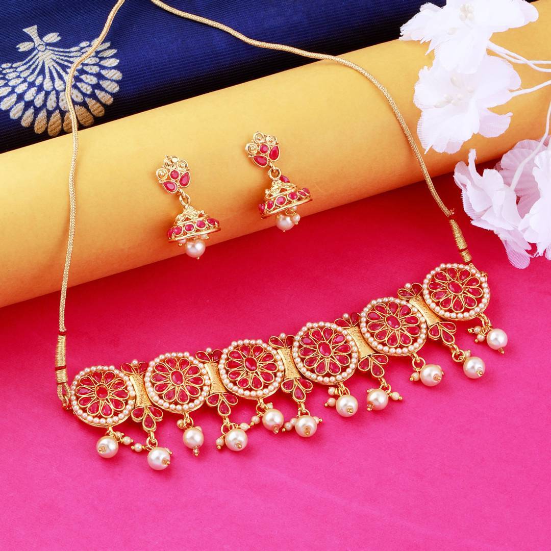 Traditional Jewellery Set For Women Girls Gold Plated Designer Necklace With Choker Set