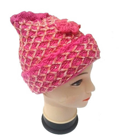 Women Knitted Woolen Pink Color Cap (Pack of 1)
