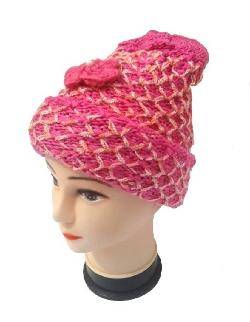 Women Knitted Woolen Pink Color Cap (Pack of 1)