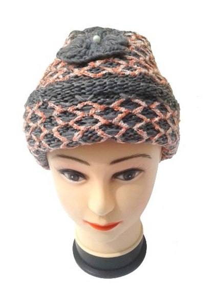Women Knitted Woolen Grey Color Cap (Pack of 1)