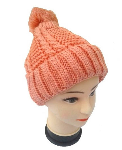 Women Knitted Woolen Cap (Peach, Pack of 1)