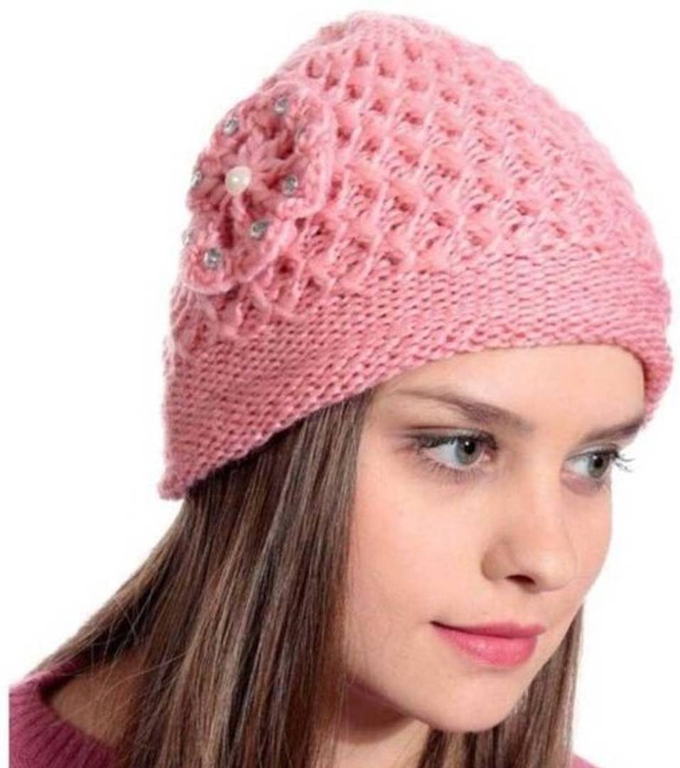 Pink Solid Woolen Cap For Women