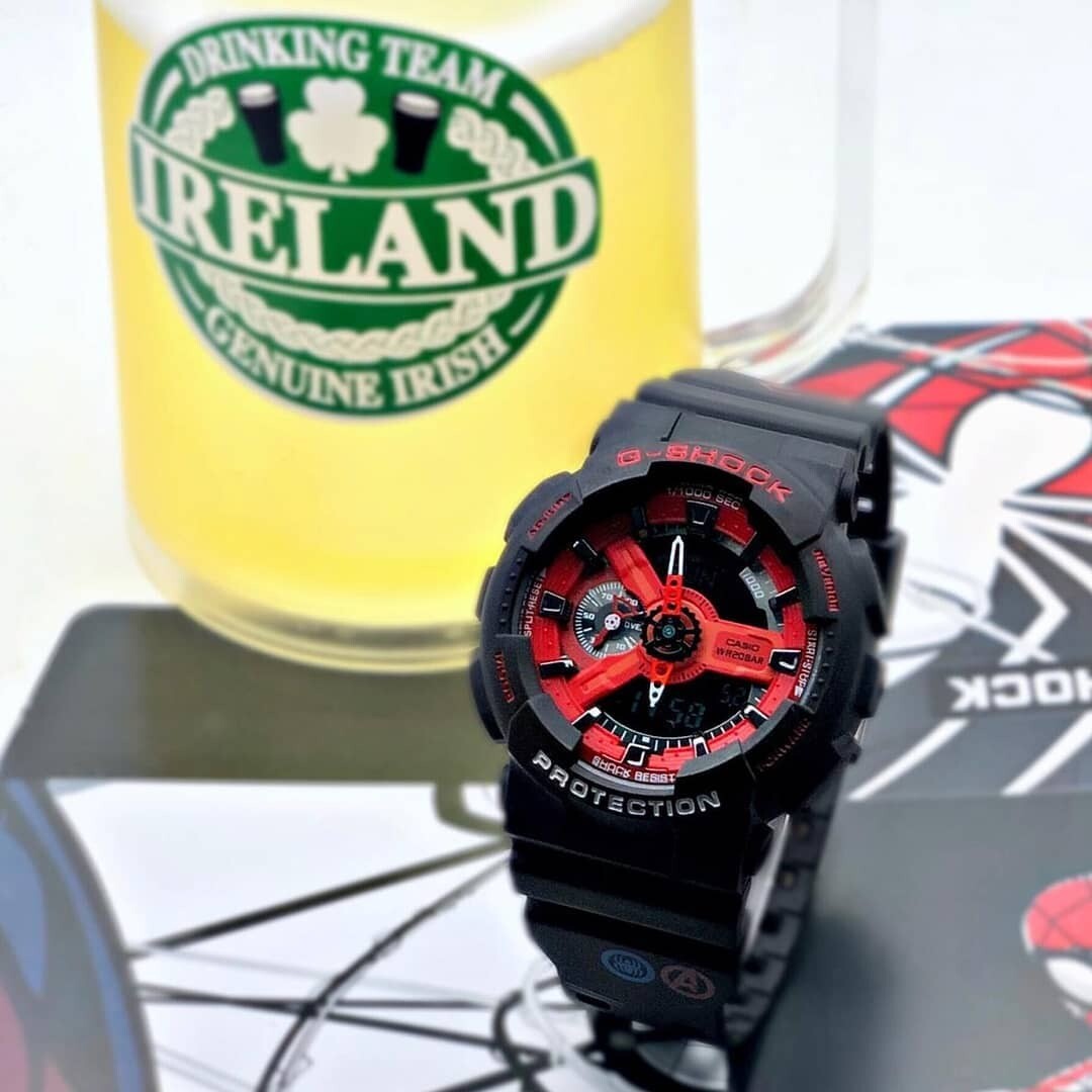 Casio G-Shock Analog Spider-man Edition Watch With Marvels Logo Avengers logo symbols on the band Black Color Strap Watch -GA-110GB