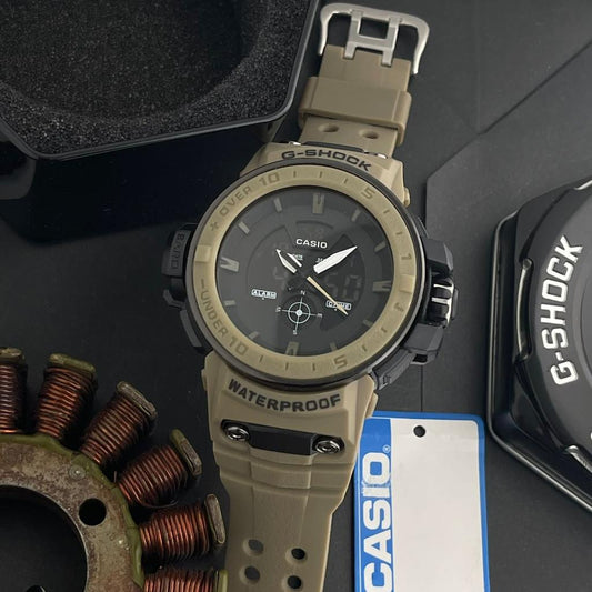 Casio G-Shock Analog Digital Watch Dual Time In Mud-Brown Color Case Brown Rubber Strap Watch For Men -Unisex Fancy look premium quality G-303