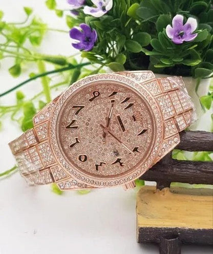 Rolex Diamond Set - Stainless Steel Watch With Arabic Rosegold Dial Watch For Men's And Women's -Best For Stylist Look- Rlx-Arabic-Rosegold