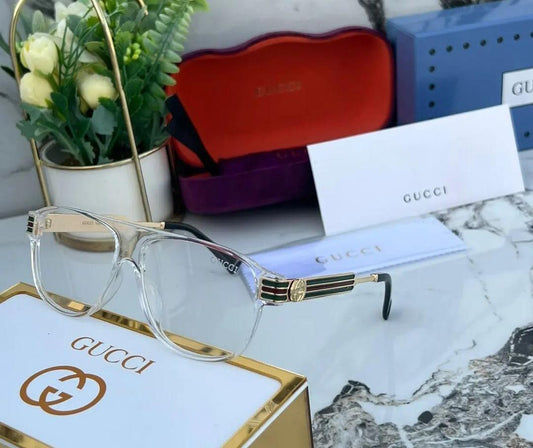 Gucci Branded Transparent Frame With Transparent Glass Men's Women's Sunglass for Man Woman or Girl GU-20333 Gold & Black Stick Gift Sunglass