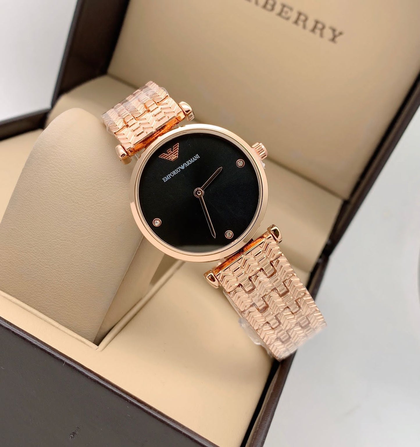 Emporio Armani Latest Design Watch Black Dial & Rose Gold Color Strap Black Color Dial Design Strap For Women and Girls Watch -Best Gift Ever AR-59441