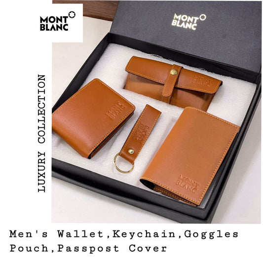 Mont Blanc Branded 4 in 1 Leather Corporate Gift Set In a Tan Color with Sunglass Cover, Wallet, Card Holder and Metal Keychain Gift for Boss, Birthday Gift for Friend/Colleague And Many More MB-SET-Tan